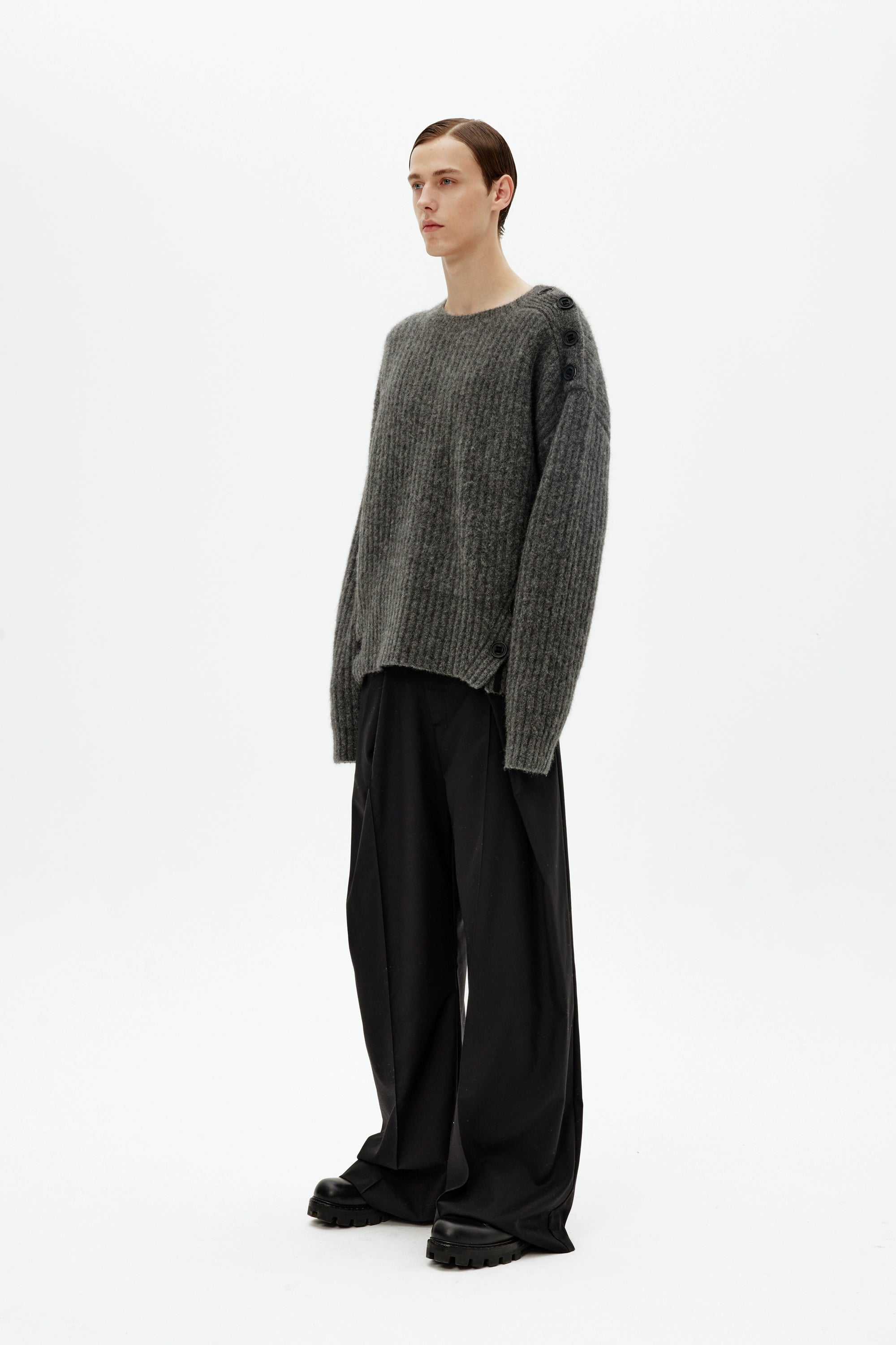 Mohair Wool Multi-Button Crewneck