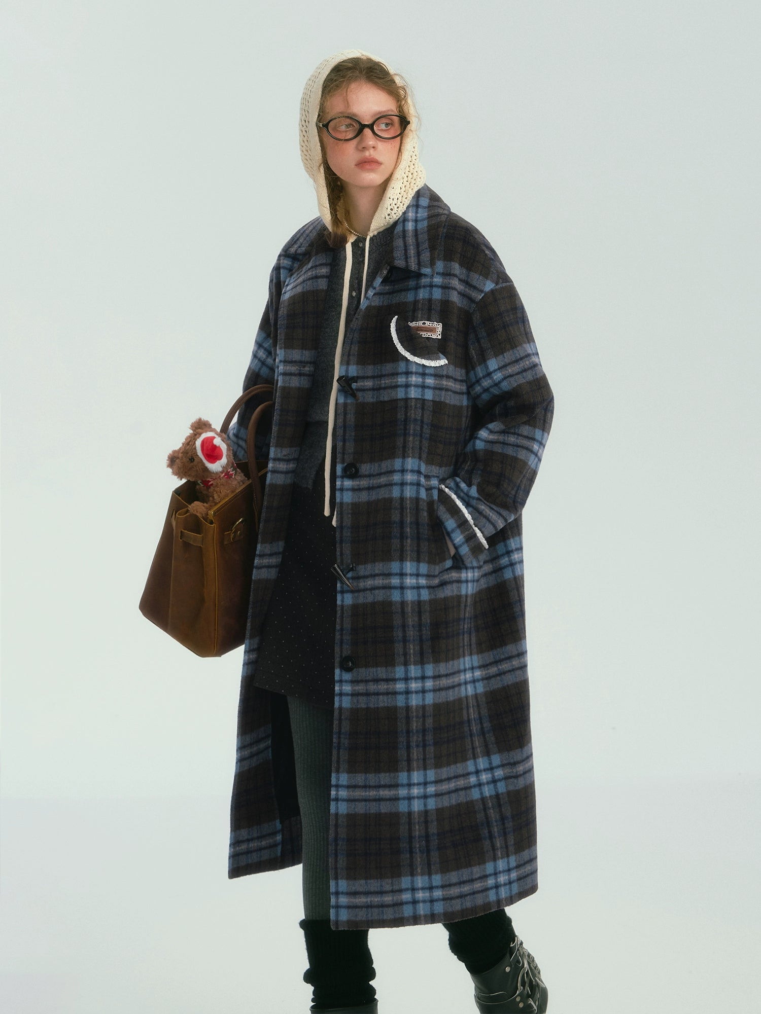 Contrast Plaid Long Woolen Coat