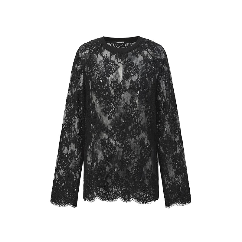 Layered Ribbed Lace-Trim Crewneck T-Shirt