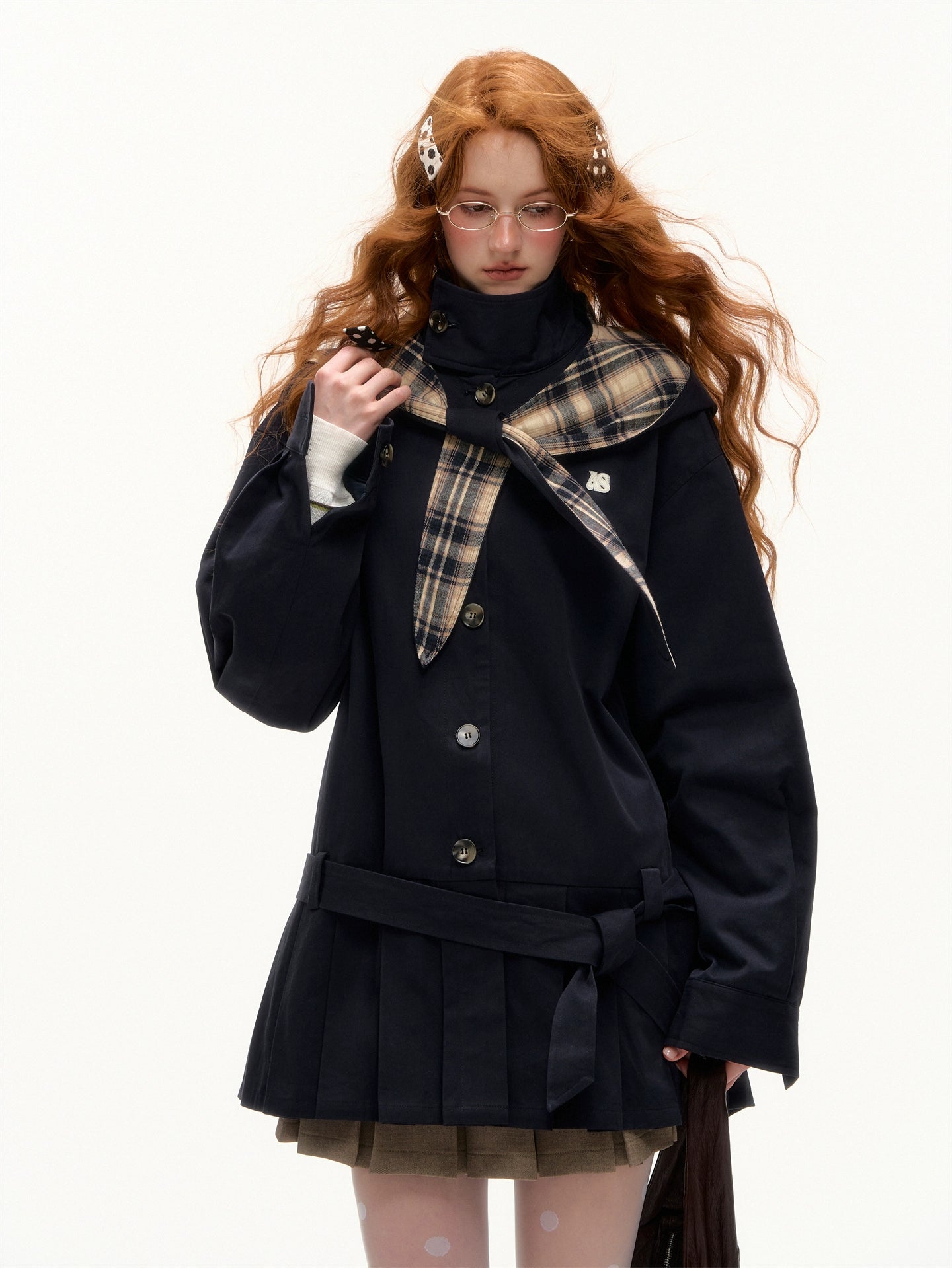 Detachable Bunny-Ear Pleated Trench Coat