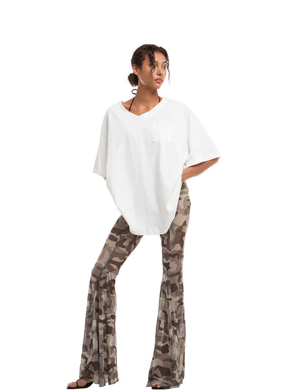 Camouflage Print Patchwork Mesh Flare Pants