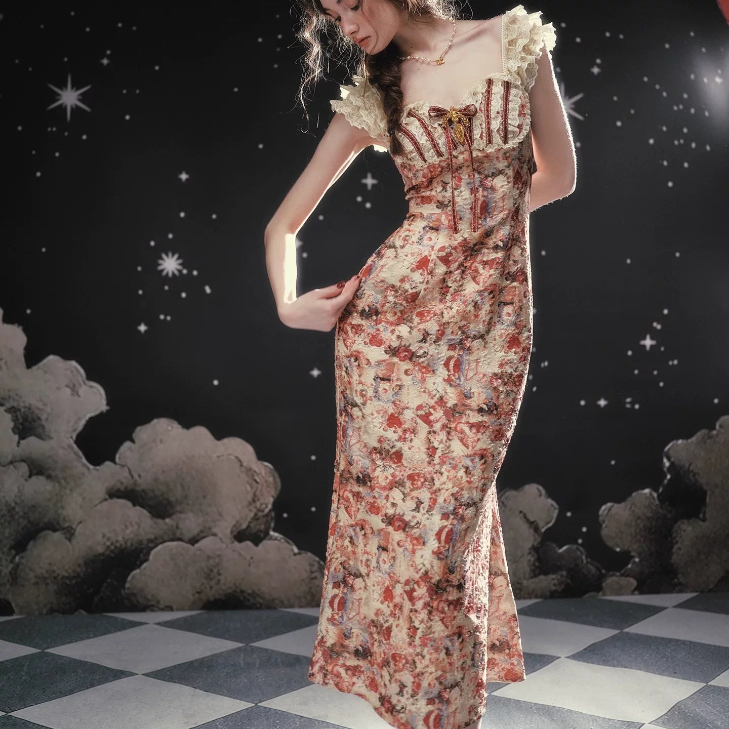 Vintage Lace-Patchwork Floral Mermaid Dress