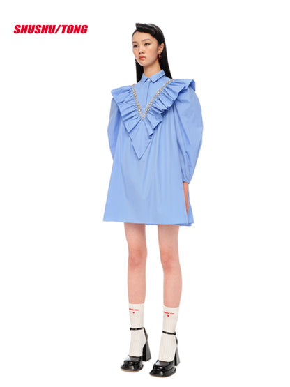 White &amp; Blue Ruffled V-neck Mini Dress - CHINASQUAD