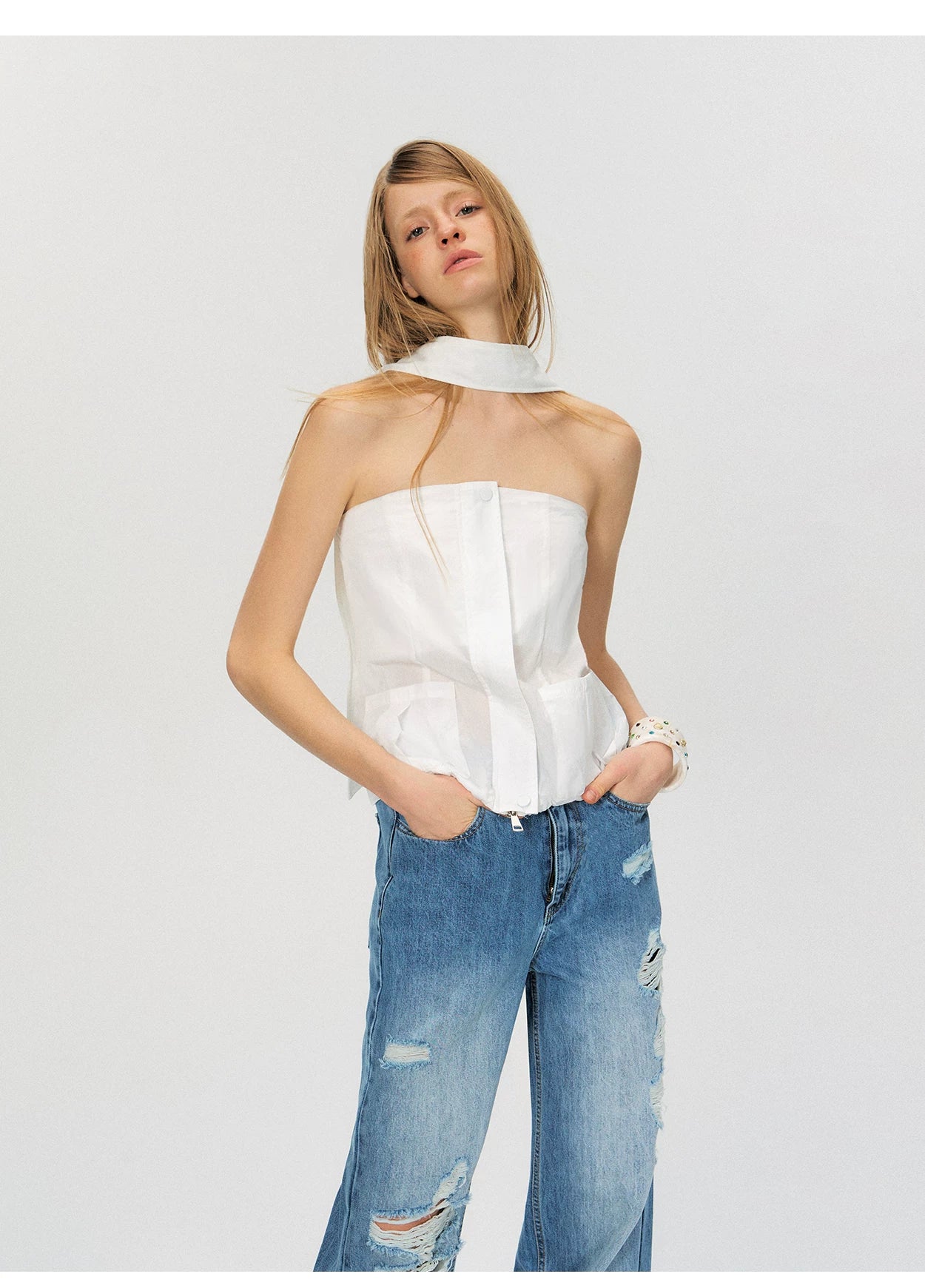 Sheer Utility-Inspired Strapless Peplum Top