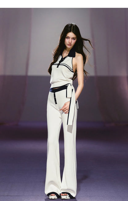 Relaxed Polo Halter Knit Top &amp; Flared Knit Pants Set
