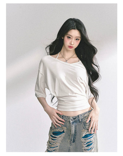 Asymmetric Short-Sleeve Halter Crop T-Shirt