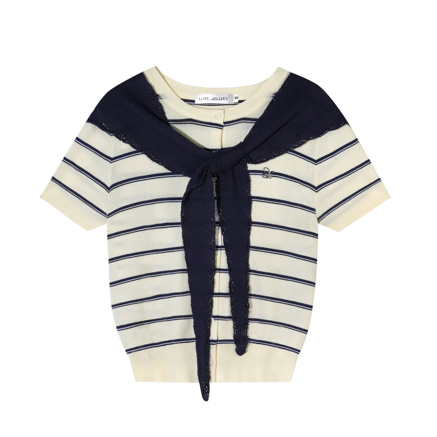 Sailor Tie-Detail Striped Knit Short Sleeve Top