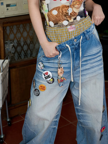 Light Blue Mud-Dyed Badge Wide-Leg Jeans - CHINASQUAD