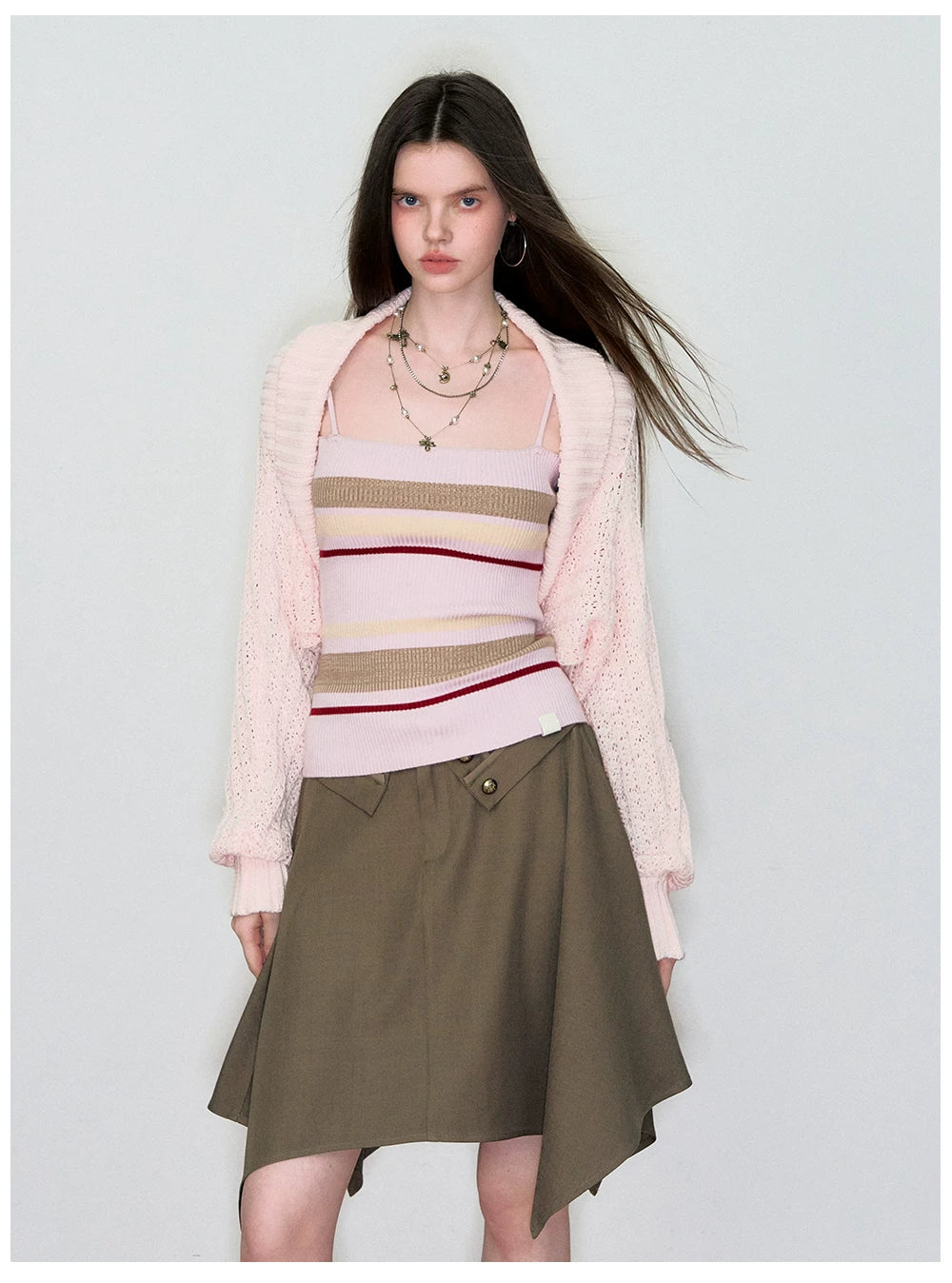 Knit Cardigan &amp; Striped Camisole Two-Piece Set