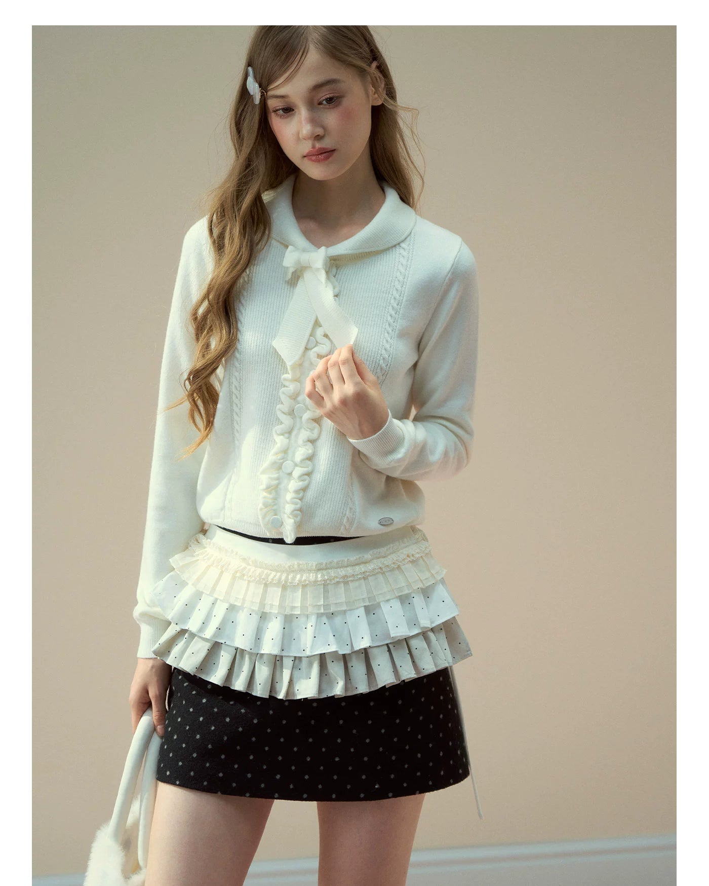 Ruffle Trim Bow Wool Sweater