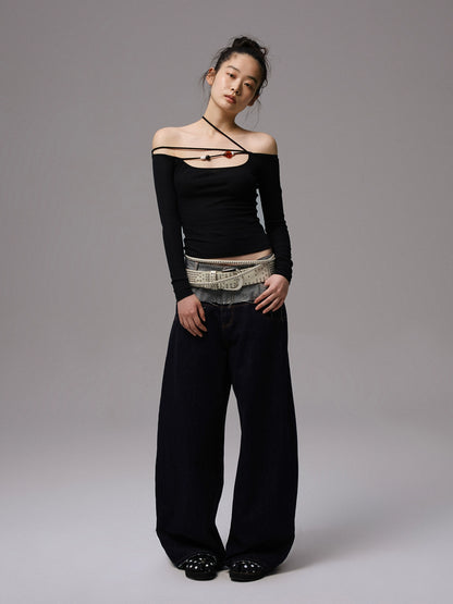 Double Waistband Raw Denim Wide-Leg Jeans - CHINASQUAD