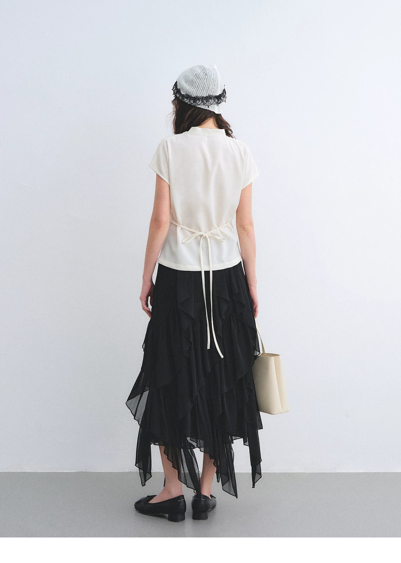 Linen Blend Lace Trim Draped Neck Tie-Waist Blouse