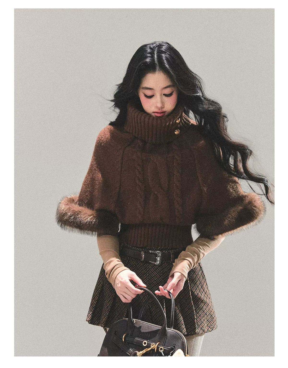 High-Neck Cable Knit Sweater