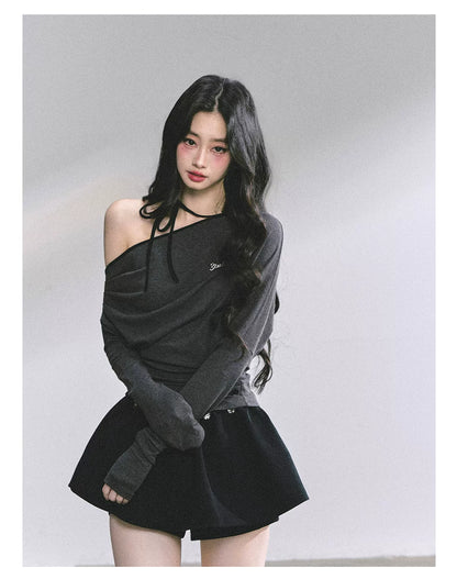 Off-Shoulder Halter Long-Sleeve T-Shirt