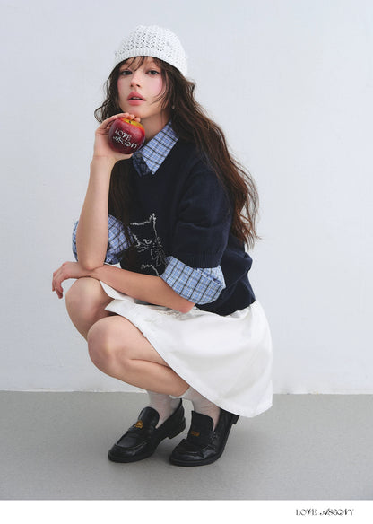 Jacquard Cat Motif Short Sleeve Knit Top