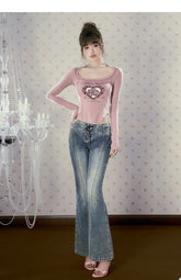 Blue Denim High-waist Flared Pants - CHINASQUAD