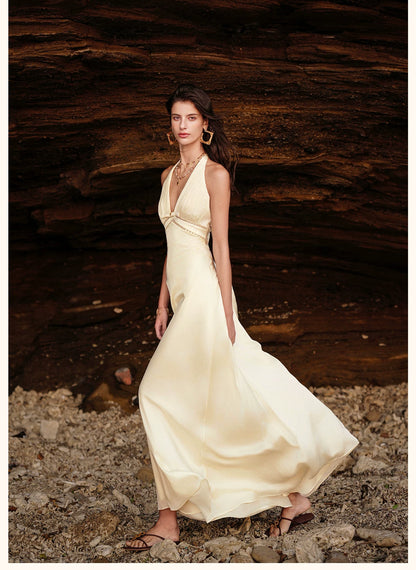 Halter V-Neck Cut-Out Printed Maxi Dress