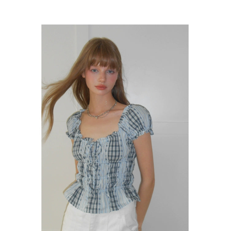 Blue Gingham Bubble Sleeve T-shirt