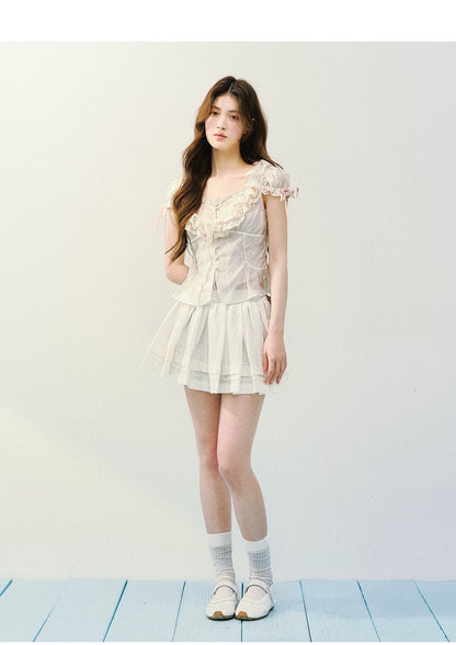 Layered Lace Lyocell Puff Sleeve Blouse