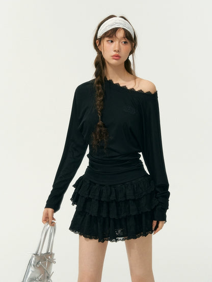 Asymmetric Shoulder Long-Sleeve Top
