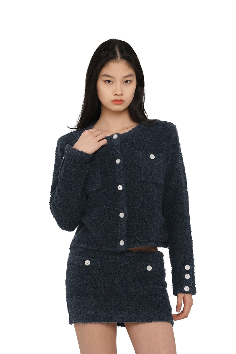 Navy Contrasting Buttons Knit Cardigan &amp; Skirt Set