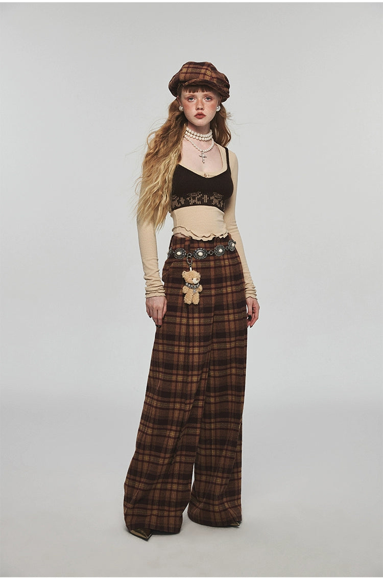 Plaid Woolen Wide-leg Pants - CHINASQUAD