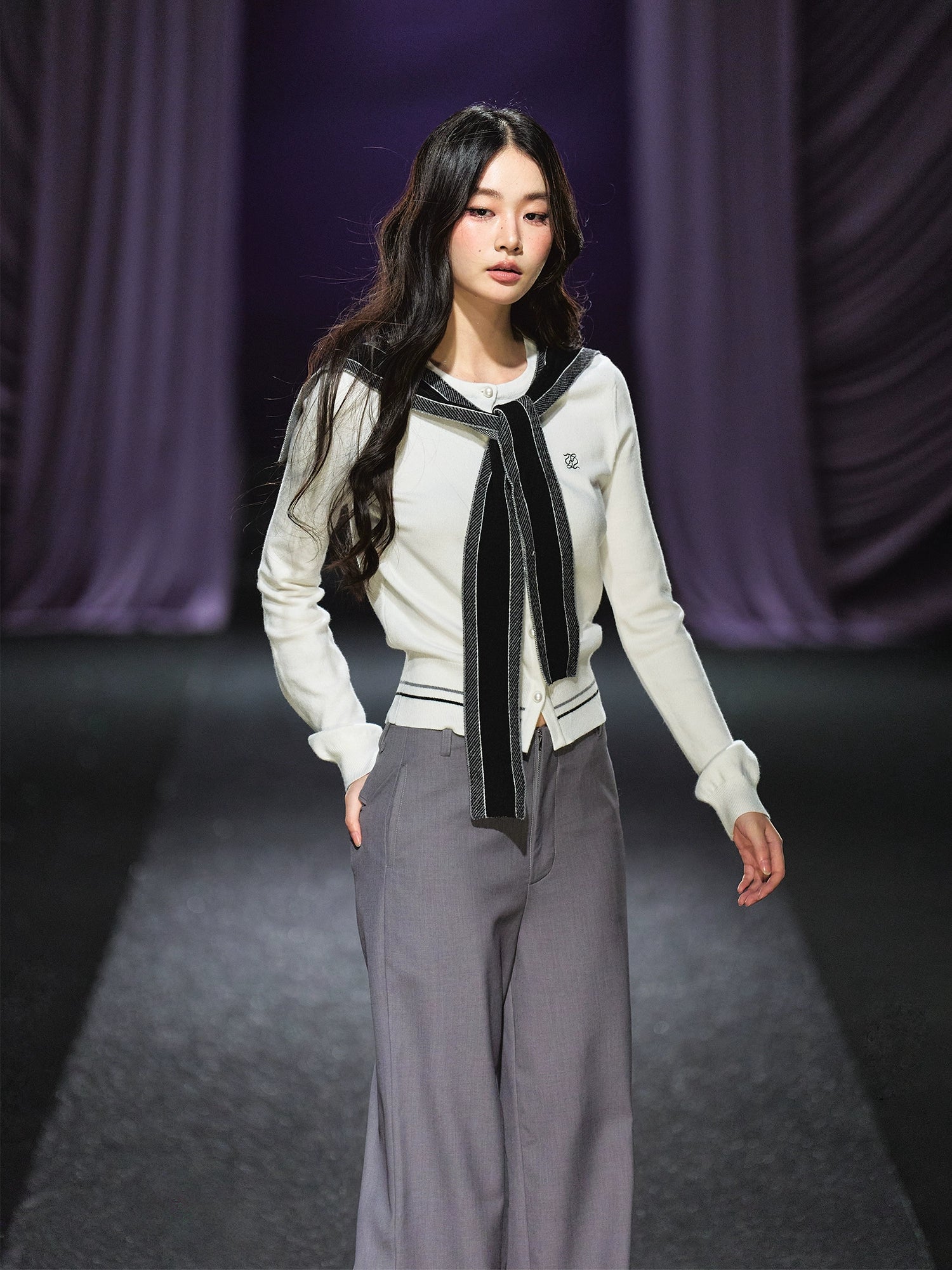 Miu-Inspired Contrast Trim Slim-Fit Knit Cardigan