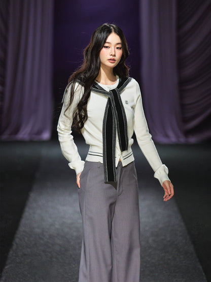 Miu-Inspired Contrast Trim Slim-Fit Knit Cardigan