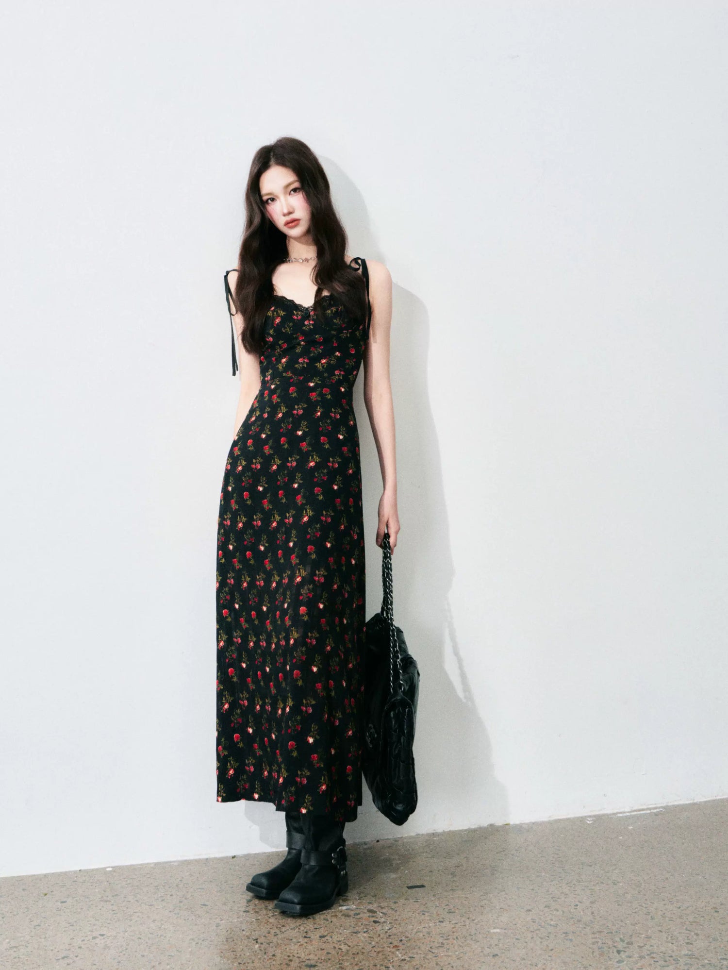 Vintage Floral Tie-Waist A-Line Maxi Dress