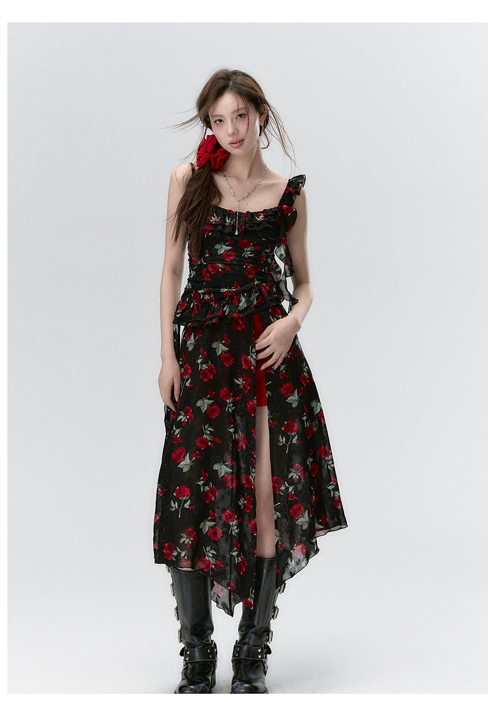 Detachable Square Neck Floral Midi Dress - CHINASQUAD