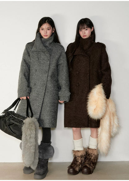 Stand-Collar Bouclé Wool Long Coat