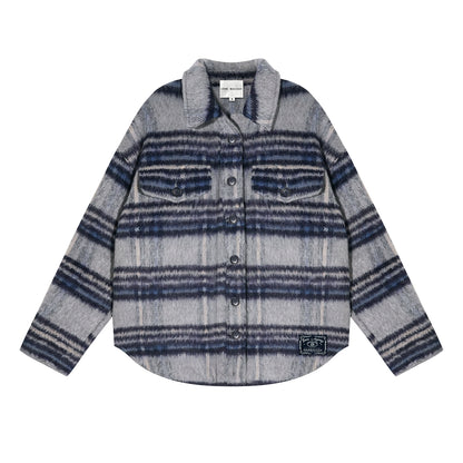 Plaid Contrast-Collar Wool-Blend Overshirt Jacket