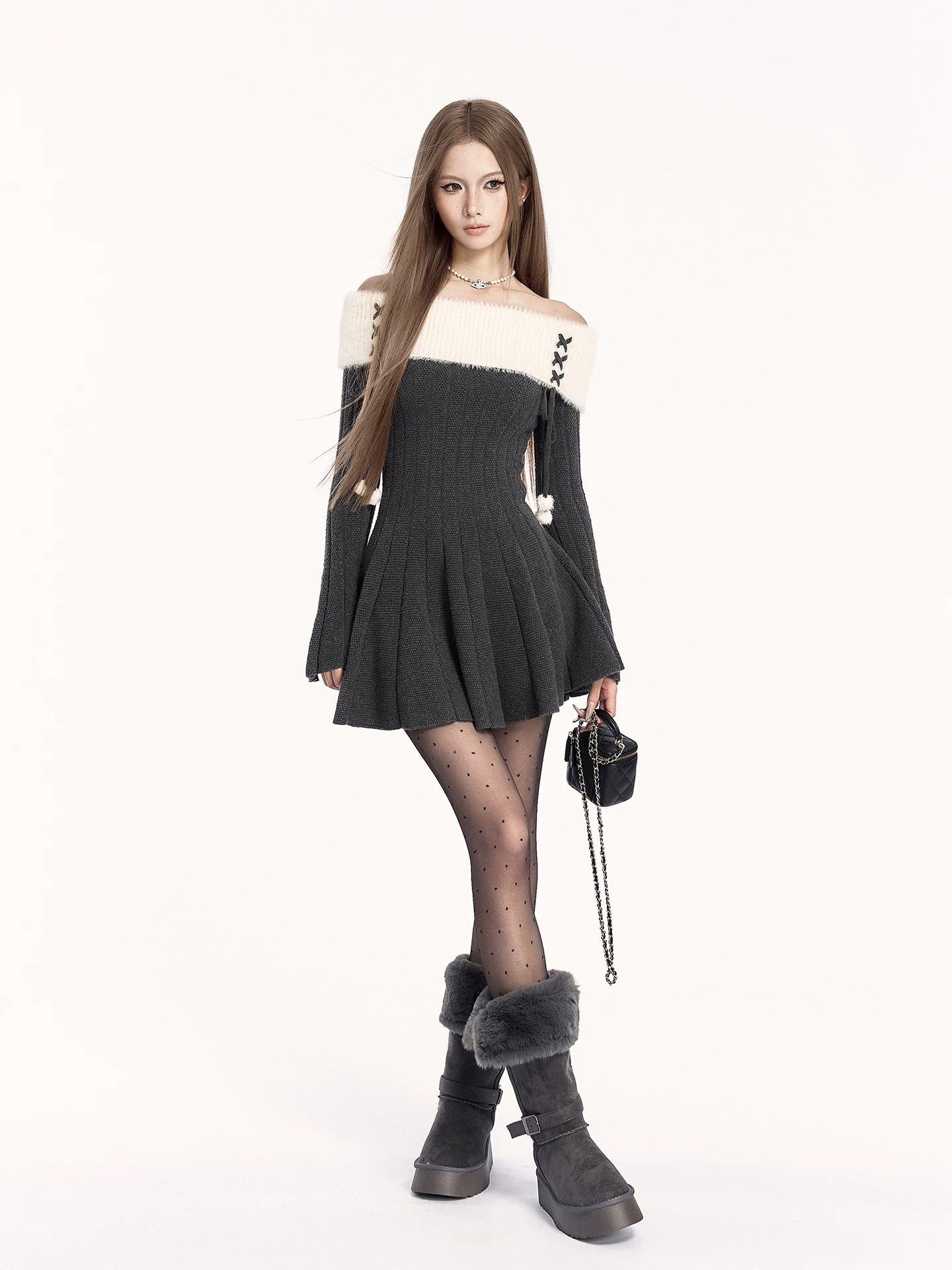 Off-Shoulder Knit Waist-Cinching Dress