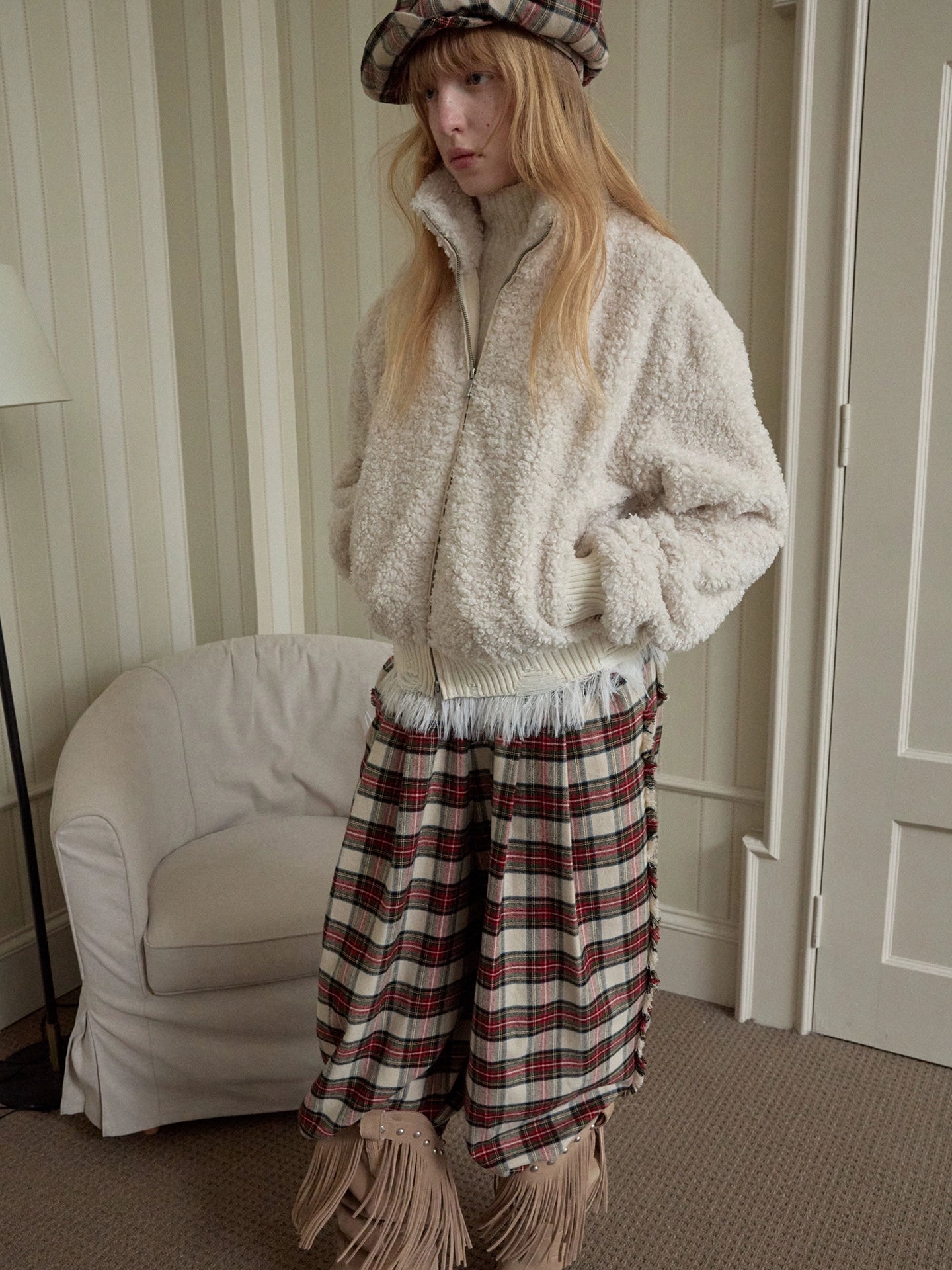 Distressed Fleece Zip-Up Cropped Jacket