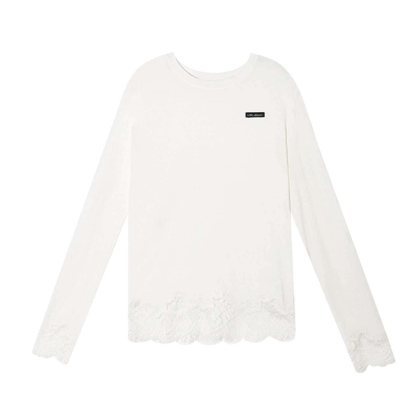 Lace-Paneled Round-Neck Long-Sleeve T-Shirt - CHINASQUAD