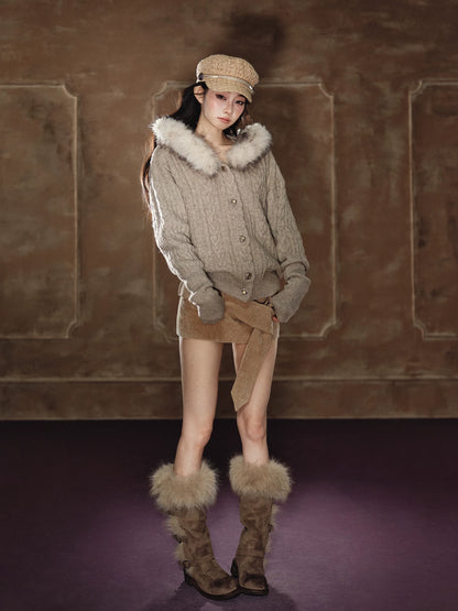 Shimmer Cable-Knit Hooded Cardigan