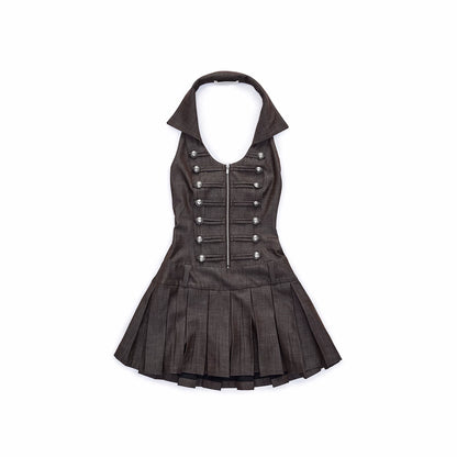 Court-Style Double-Breasted Open-Back Pleated Dress