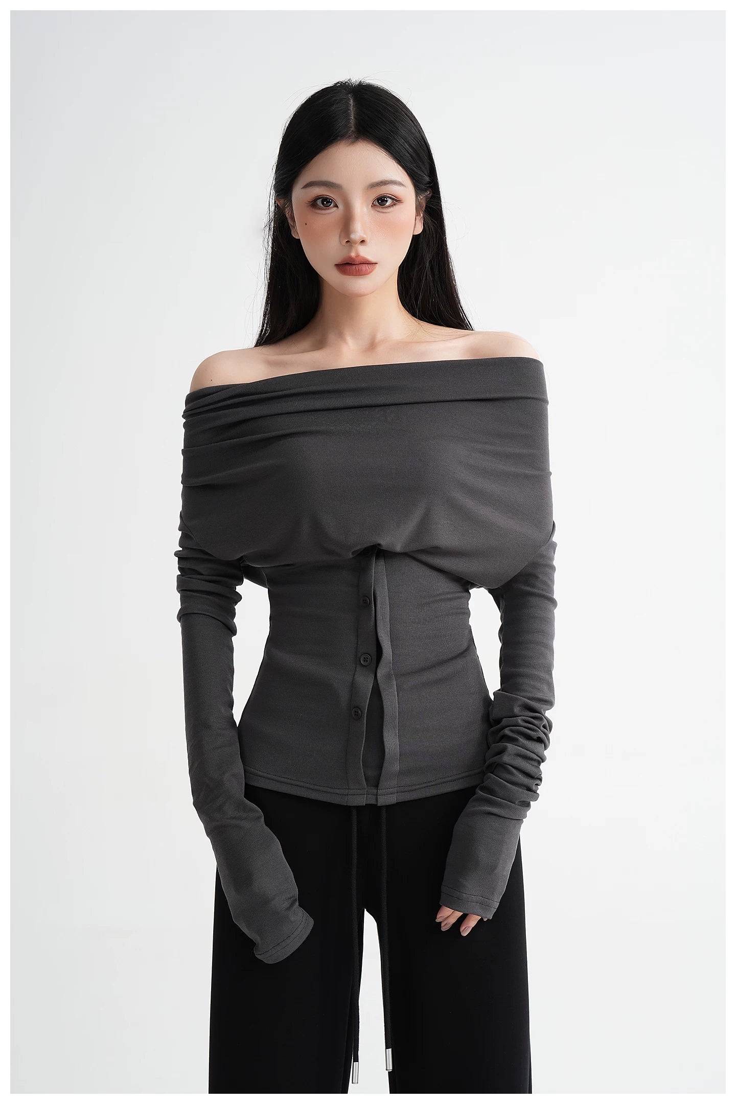 Neck Off-Shoulder Fitted Long Sleeve T-Shirt
