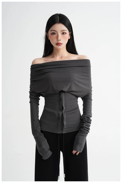 Neck Off-Shoulder Fitted Long Sleeve T-Shirt