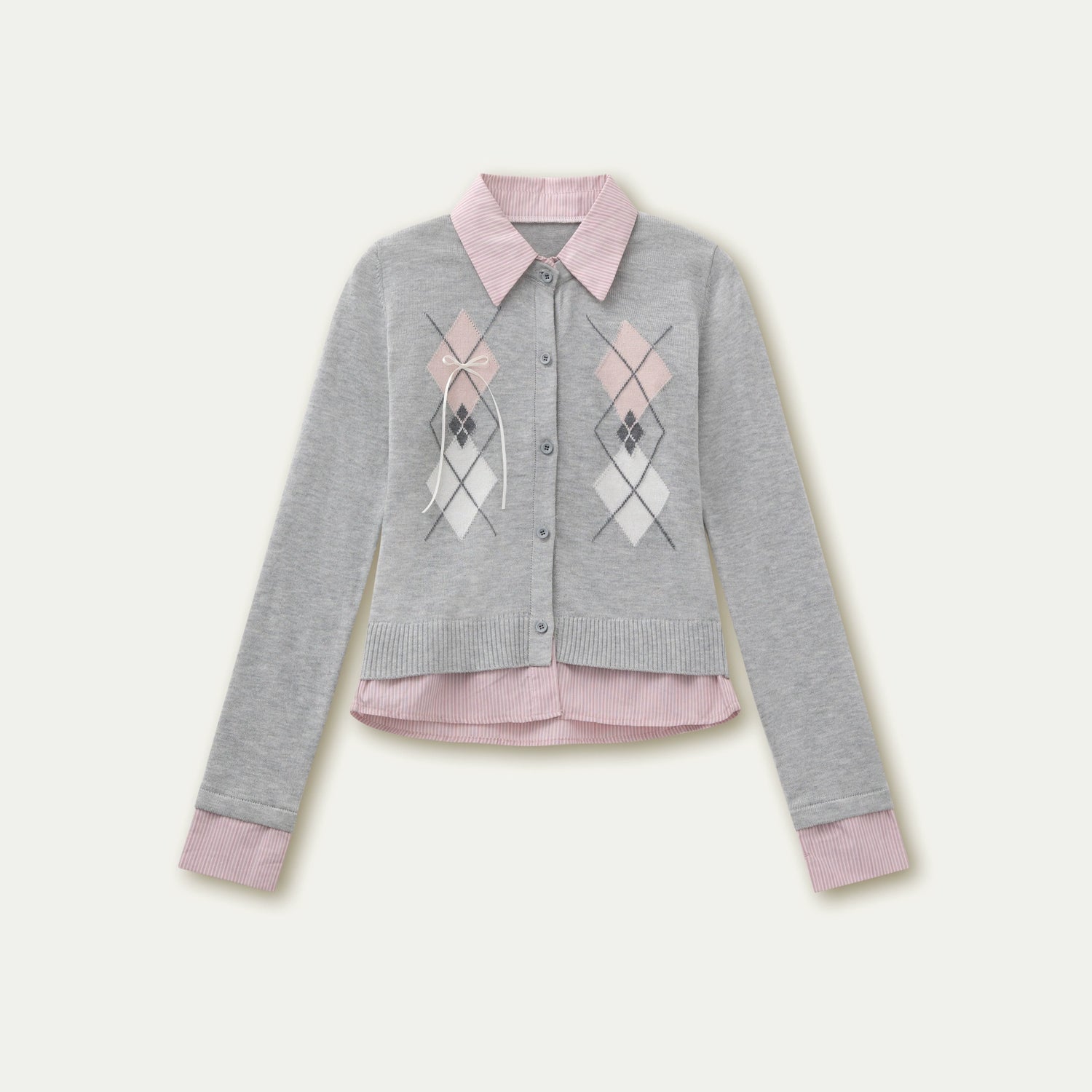 Layered Argyle Shirt Collar Knit Cardigan