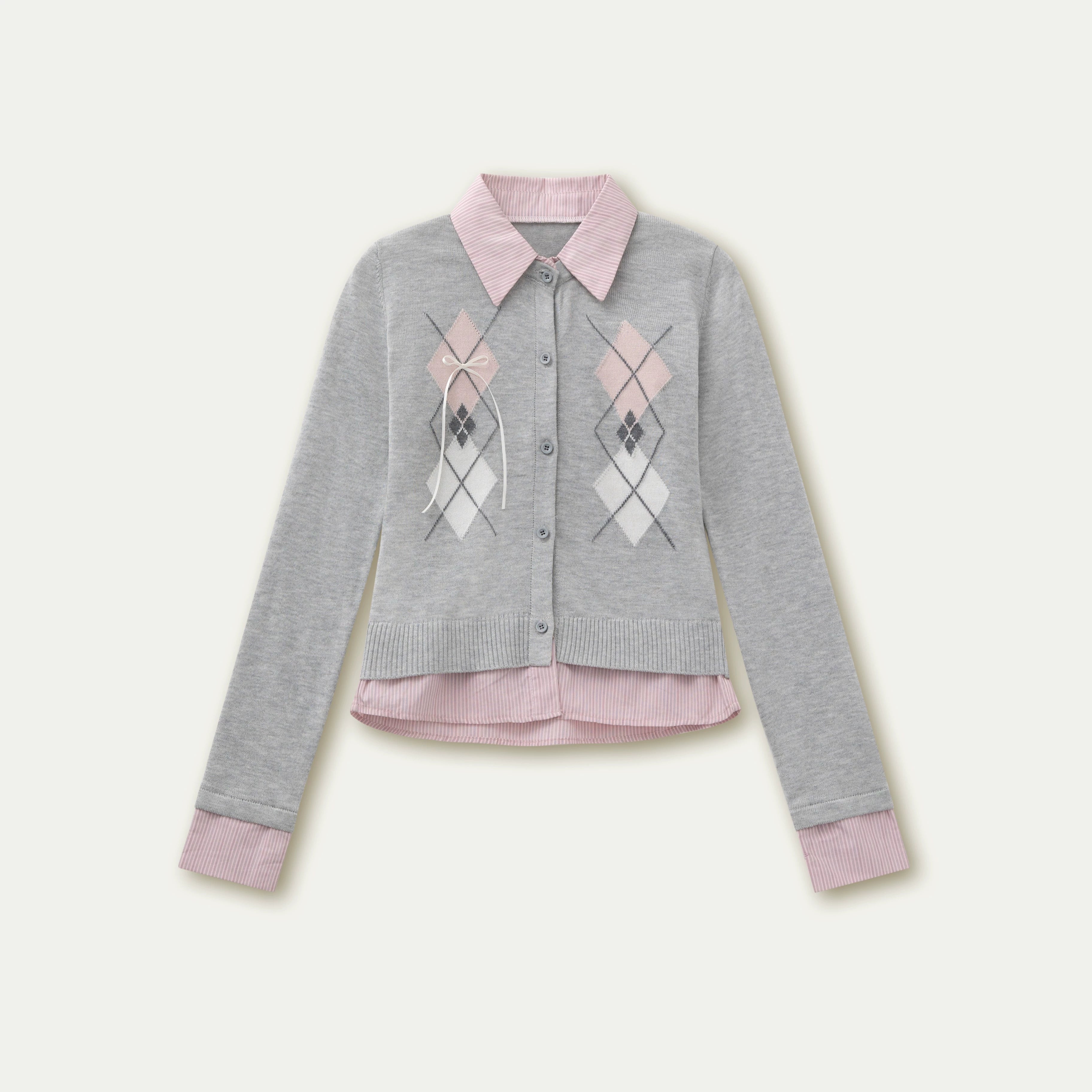 Layered Argyle Shirt Collar Knit Cardigan