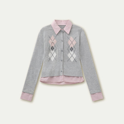 Layered Argyle Shirt Collar Knit Cardigan