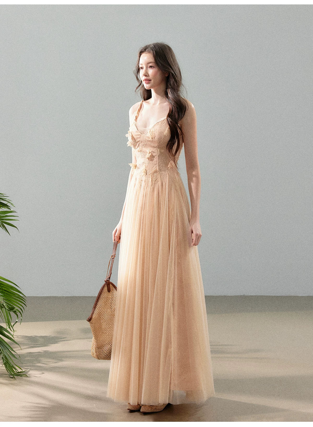 Peach Mist Floral Tulle Layered Slip Maxi Dress