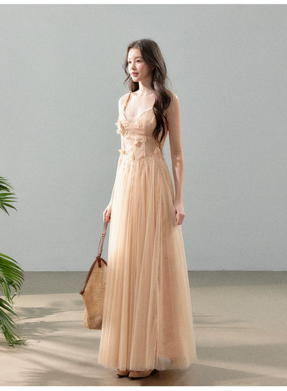 Peach Mist Floral Tulle Layered Slip Maxi Dress