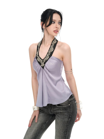 Lilac Satin Sequin Halter Neck Backless Draped Blouse