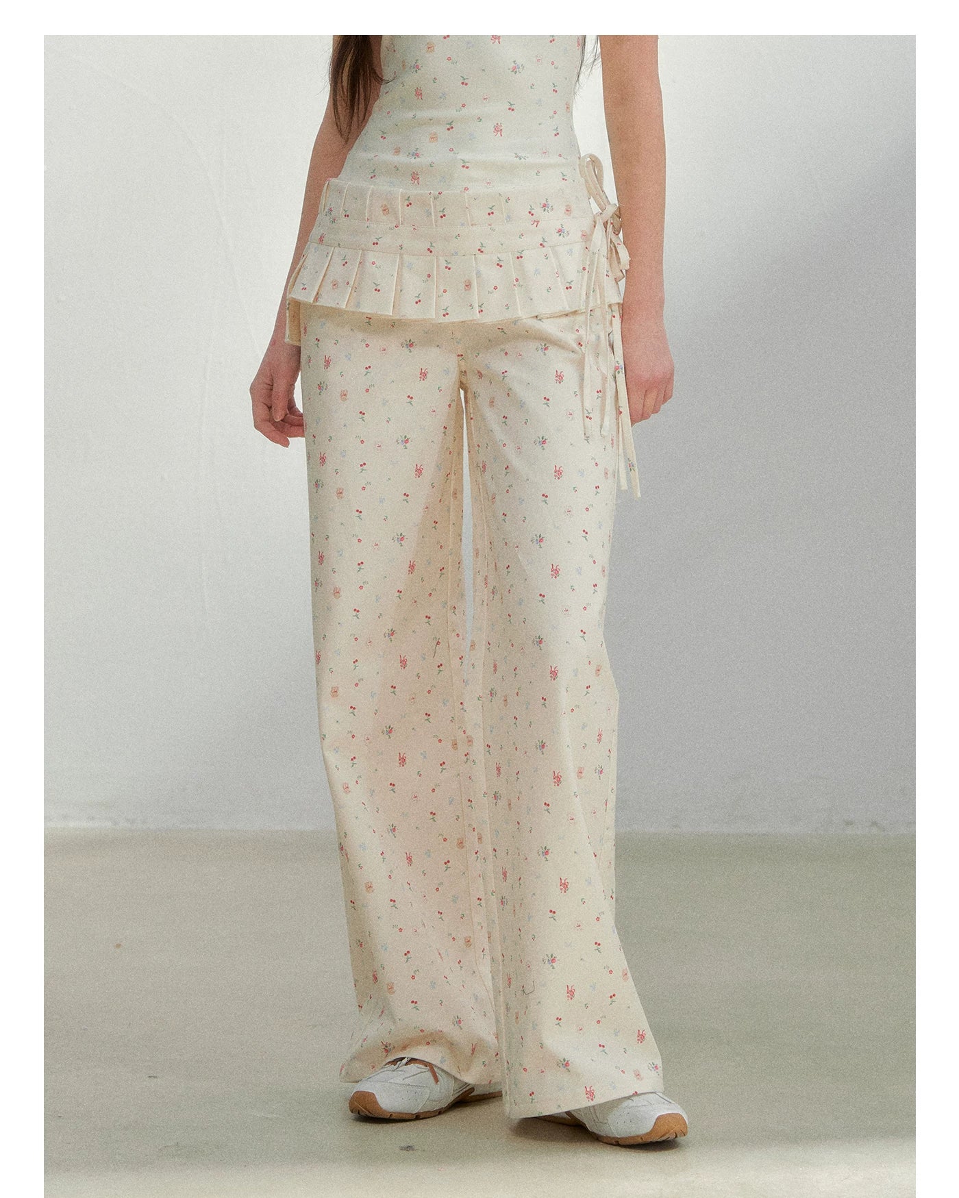 Original Floral Pleated Tail Long Pants