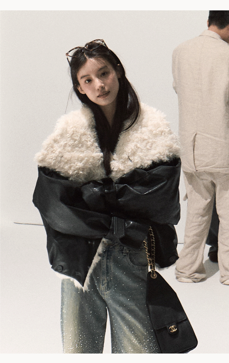 Shearling-Style Leather Jacket Khaki