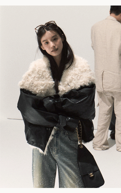 Shearling-Style Leather Jacket Khaki