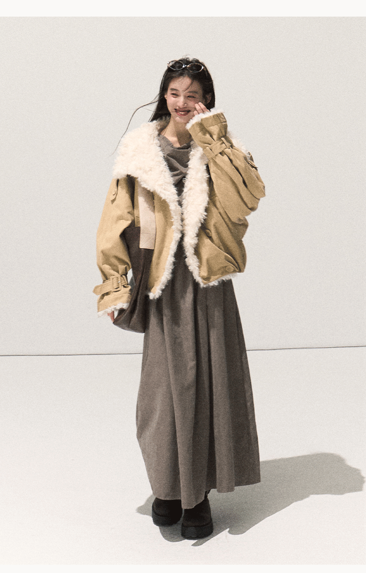 Shearling-Style Leather Jacket Khaki