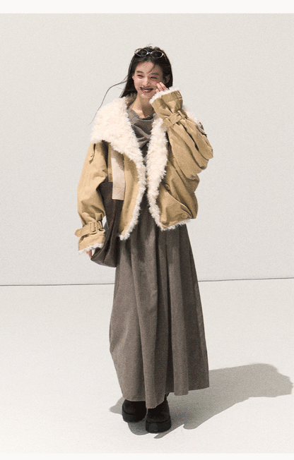 Shearling-Style Leather Jacket Khaki